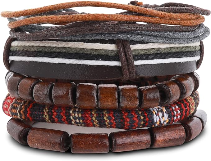 Yolev Wrap Bracelets for Men Women, Hemp Cords Wood Beads Ethnic Tribal Bracelets Leather Bracelet Men Braided Wide Wristband Bracelet Set