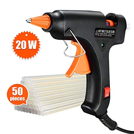 Topelek 20W Quickly Heating Hot Melt Glue Gun with Sticks (50pcs 100mm) Copper Nozzle and on-Off Switch for DIY Arts, Hobby, Craft, Mini, Fabric, Metal, Wood, Glass, Card,Plastic, Ceramics, Home Quick Repairs, Black