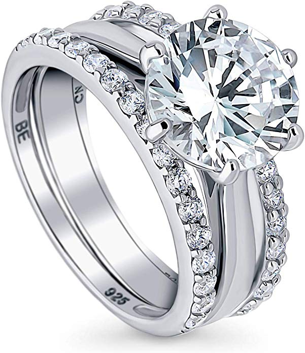 BERRICLE Rhodium Plated Sterling Silver Round Cubic Zirconia CZ Solitaire Engagement Wedding Ring Set 4.51 CTW