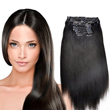 YONNA Clip In Sets 10Pcs Clip In Human Hair Extensions Natural Colour 1B# Remy Human Hair Straight For Full Head 16inch 200g Weight