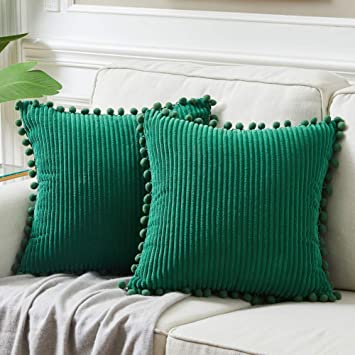 Fancy Homi Pack of 2 Christmas Big Decorative Throw Pillow Covers with Pom-poms, Soft Corduroy Solid Square Cushion Cases Set for Couch Sofa Bedroom Car Living Room (26x26 Inch/66x66 cm, Green)