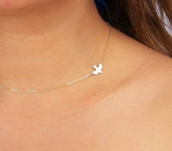 Small Soar Dove Bird Necklace, Delicate 925 Silver or 14k Gold fill or 14K Rose Gold fill Flying Bird Sideways Pendant Choker Necklace, Dainty Chain Layering Jewelry