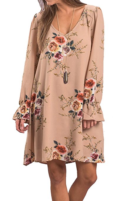 Women's Boho Floral Print Chiffon Cocktail Dress Long Sleeve V-neck Casual Loose Fit