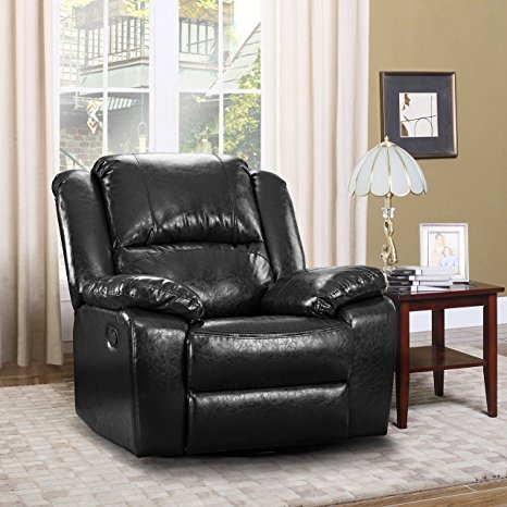 Oversize Ultra Comfortable Bonded Leather Rocker and Swivel Recliner Living Room Chair (Black)