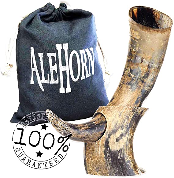 AleHorn Drinking Horn - 12 Inch Curved Style Drinking Horn with Stand - Viking Beer Cup with Natural Finish for Ale & Mead - Handcrafted Viking Beer Stein - Authentic Gift