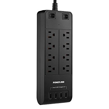 Poweradd 8-Outlet Surge Protector 4500 Joules Universal 100-240V Power Strip with 4-Ports Smart USB (Max 5A) for Laptop, Hair Dryer, Cellphone, Tablets and More