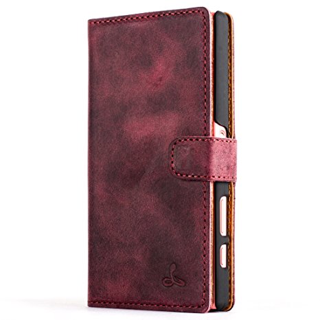 Sony Xperia Z5 Compact Wallet Case in Nubuck Leather with Credit Card / Note slot, from the Snakehive® Vintage Collection (Plum)