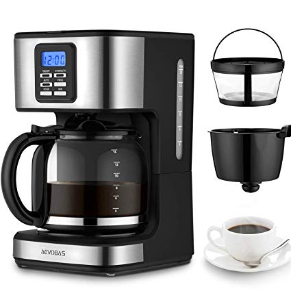Aevobas Filter Coffee Machine with 12 Cup Glass Jug Programmable Drip Coffee Maker with Timer, Anti-Drip System,1.5L Carafe for Ground Coffee Home and Office-Black and Silver