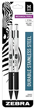 Zebra 54312 Stainless Steel Mechanical Pencil, 0.7mm Point Size, Standard HB Lead, Black Grip, 2-Count