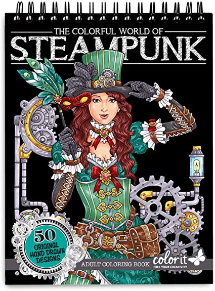 ColorIt Colorful World of Steampunk Adult Coloring Book - 50 Single-Sided Designs, Thick Smooth Paper, Lay Flat Hardback Covers, Spiral Bound, USA Printed, Steampunk-Inspired Pages to Color