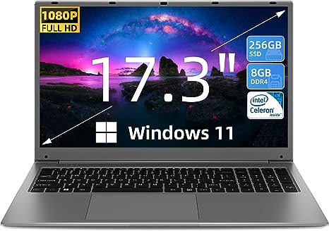 SGIN 17 Inch Laptop, Windows 11 Laptops with IPS Full HD, Intel Celeron Quad Core J4105 8GB RAM 256GB SSD, Buletooth 4.2, Mini HDMI, Webcam,2xUSB 3.0, Expandable Storage 512GB TF(Gray)
