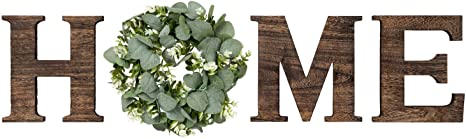 Mkono Wall Hanging Wood Home Sign with Artificial Eucalyptus for"O" Rustic Wooden Home Letters Decorative Wall Decor Signs for Living Room House, 9.8''H x 8.5''W