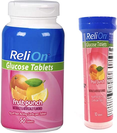 ReliOn Glucose, 50 Tablets with On-The-Go Tube, 10 Tablets. (Fruit Punch)