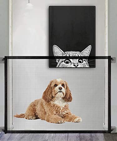 Pet Gate Magic Gate for Dogs,Queenii Pet Safety Guard Mesh Dog Gate,Portable Folding Children's Safety Gates Install Anywhere, Safety Fence for Hall Doorway [No Smell Series]Wide 41.13" -Black