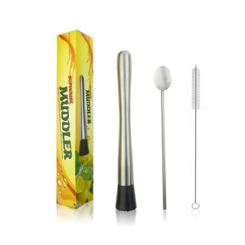 10Extra Long Cocktail Mojito Muddler Stainless Steel and Mixing Spoon Straw Bar Tool Set