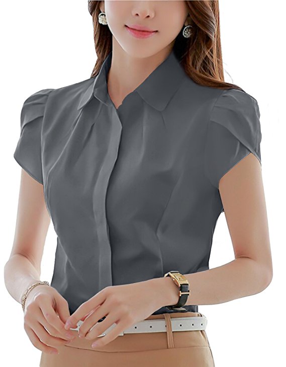 DPO Lady's Cotton Collared Pleated Button Down Shirt Short Sleeve Blouse