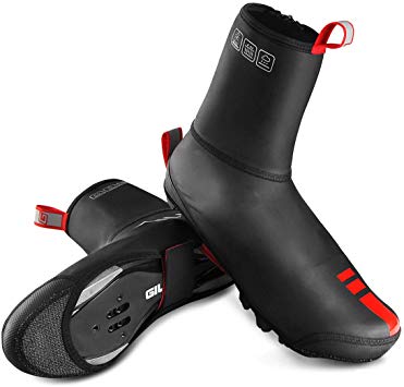TEUME Bike Shoe Covers Cycling Overshoes, Winter Proof and Water Resistance PU Leather with Fleece Thermal Lining, Velcro Snap,Reflecetive Piece,Kevlar Sole(L/XL)