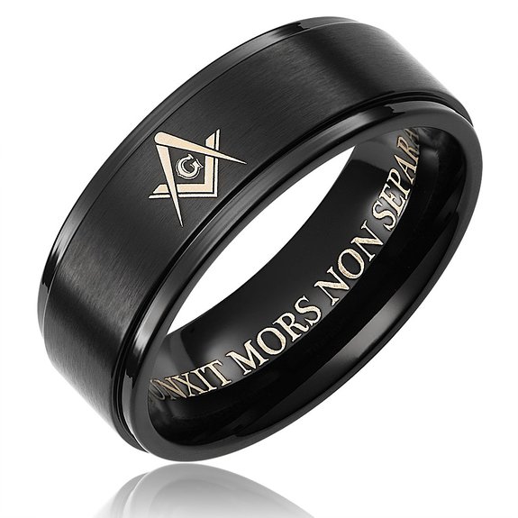 Cavalier Jewelers 8MM Men's Black Titanium Masonic Ring Engraved "VIRTUS JUNXIT MORS NON SEPARABIT"