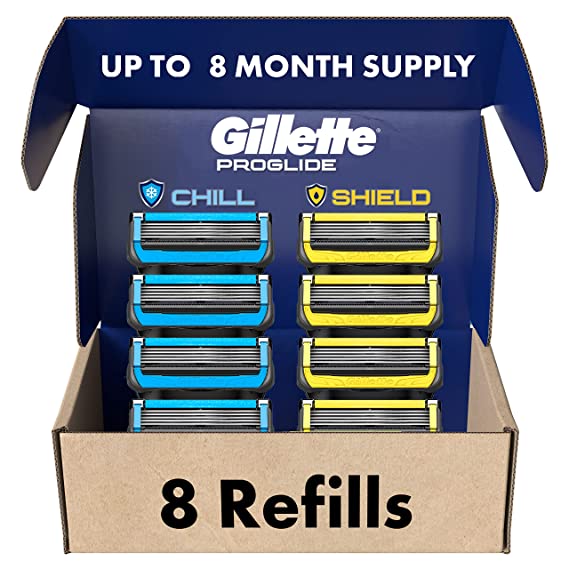 Gillette Mens Razor Blade Refills, 4 ProGlide Chill Cartridges, 4 ProGlide Shield Cartridges, Shields against Skin Irritation, Cools to sooth skin