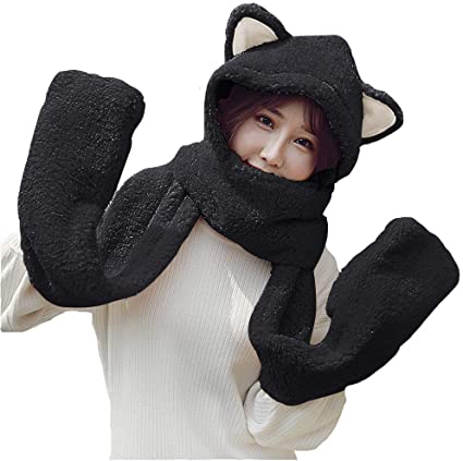 Women Girls Cute Panda Animal Winter Hats 3 in 1 Warm Plush Hoodie Cap Paw Gloves Mitten Scarf Set