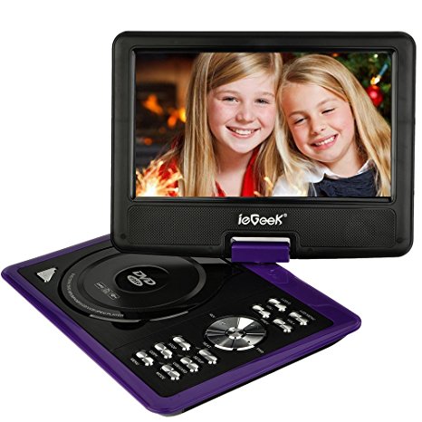 ieGeek 9.5'' Portable DVD Player with 5 Hour Rechargeable Battery, 360°LCD Eye Protection Swivel Screen, Supports 32GB SD Card and USB, with Remote Controller   Game Joystick  Car Charger （Purple）