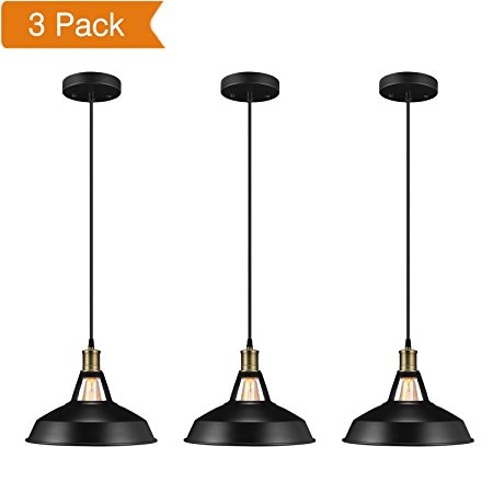 Salking Metal Industrial Pendant Light, Vintage Barn Hanging Lamp, Modern Iron Pendant Lighting, Oil Rubbed Black Finish with Cuttable Fabric Cord, Ceiling Light/ Dining Room Lamp - 3 Pack