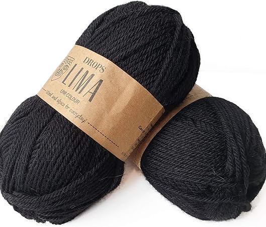 65% Wool and 35% Alpaca Yarn for Knitting and Crocheting, 3 or Light, Worsted, DK Weight, Drops Lima, 1.8 oz 109 Yards per Ball (8903 Black)