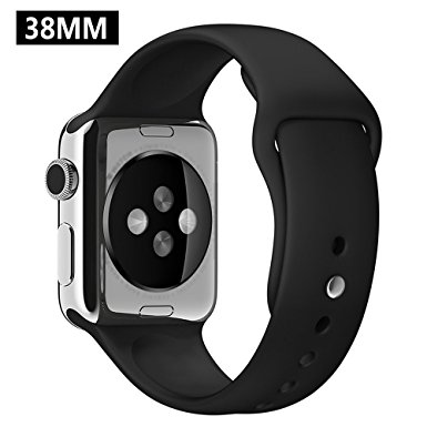 OULUOQI Apple Watch Sport Band 38mm Soft Durable Silicone iWatch Band Strap with Pin and Tuck Closure for Apple Watch 38mm Model - M/L Size (Sportband-38mm-Black)
