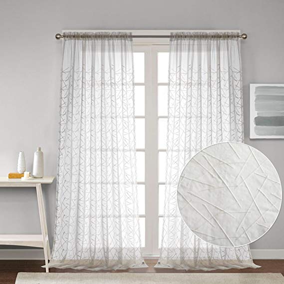 Dreaming Casa Embroidered White Sheer Curtain Semi Voile Window Treatment Living Room Drapes Royal European Patter Rod Pocket, 2 Panels White, 42" W x 96" L