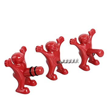 BUYBUYMALL Wine Stopper and Opener Set Three Cute Red Men of Novelty Bottle Opener Corkscrew and Stopper