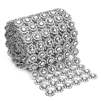 Silver Diamond Flower Shape 4"x 1 Yard Mesh Wrap Roll Rhinestone Crystal Ribbon