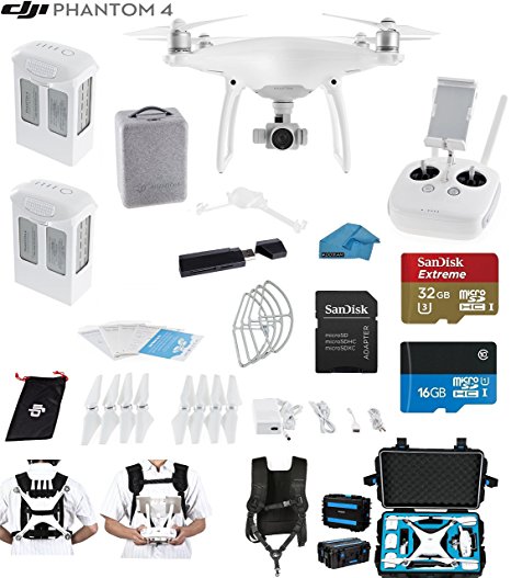 DJI Phantom 4 Quadcopter Drone with 4K Video EVERYTHING YOU NEED KIT   2 Total DJI Batteries   SanDisk 32GB Micro SDXC Card   Card Reader 3.0   Snap On Guards   Carry Strap System   Koozam HardCase