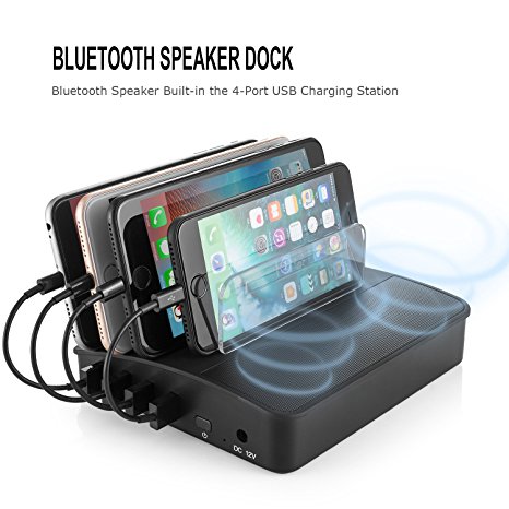[2017 New Design] Super Bass Bluetooth Speaker Dock with 4-Port Faster Charging Station Dock & Organizer for iPhone, iPad, Smartphones and Tablets