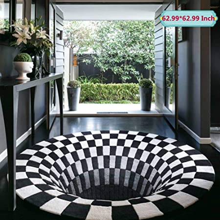 3D Area Rug Floor Mat Round Carpet 3D Visual Illusion Shaggy Rug for Lvining Bedroom,Black White Plaid Round Rugs 3D Visual Vortex Optical Illusions Anti-Slip Floor Mat for Dinning Room (160x160cm)