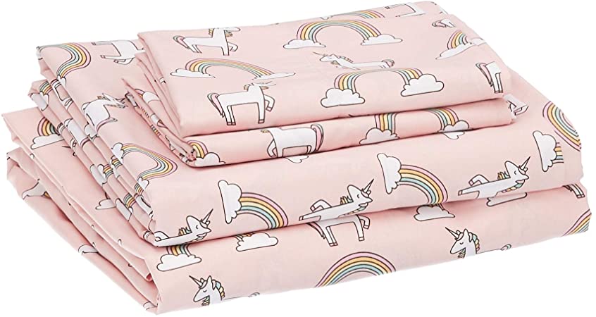 AmazonBasics Kids Unicorns & Rainbows Soft, Easy-Wash Microfiber Sheet Set - Full, Peony Pink Unicorns