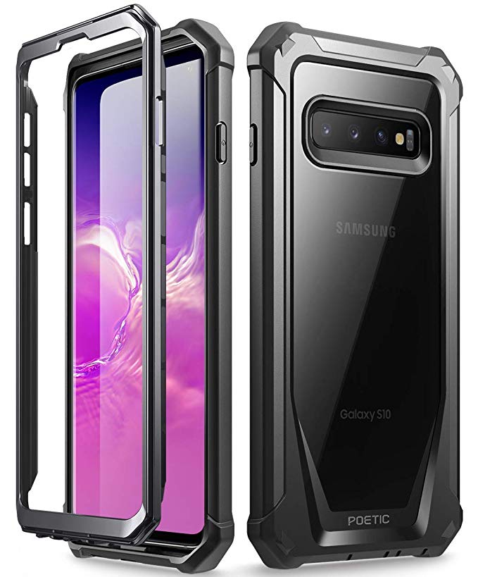 Galaxy S10 Rugged Clear Case, Poetic Full-Body Hybrid Bumper Cover, Support Wireless Charging, Without Built-in-Screen Protector, Guardian Series, Case for Samsung Galaxy S10 2019, Black