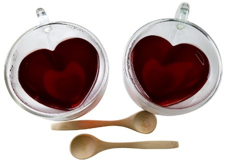 Princeton Wares Heart Shaped Double Wall Insulated Glass Tea Cup Set 8.5 Ounces With Bamboo Teaspoon (2)