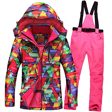 HOTIAN Women's High Windproof Technology Colorfull Printed Snowboard Clothing Ski Jacket and Pants Set