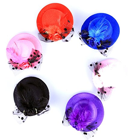 Anleolife Kids Hats Fascinators/Baby Mini Top Hat Hair Clip/Pets PoodlesTop Hat/Girls Hair Accessories Fascinator Party Hats Dancing Cocktail Feather Headband Hair Clip 3.2inch Pink/Black/Red/Blue/Purple 5pcs/lot Sweet Girl Kid Lady