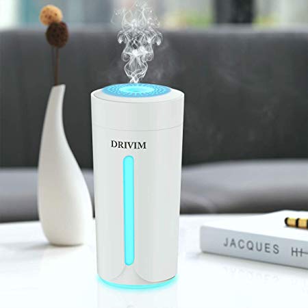 DRIVIM Mini Humidifier, USB Car Humidifier Air Purifier Refresher with 8 Color Night Lights & 230ml Large Tank, Noise-Free Desktop Cup Humidifier for Plant, Travel, Office, Bedroom, Hotel (White)