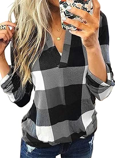 Dokotoo Womens Basic Casual V Neck Plaid Print Cuffed Long Sleeve Work Tops Blouses Shirts S-5XL