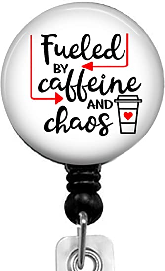 Fueled by Caffeine and Chaos Retractable Badge Reel with Alligator Clip，Name Nurse ID Card Badge Holder Reel, Decorative Custom Badge Holder