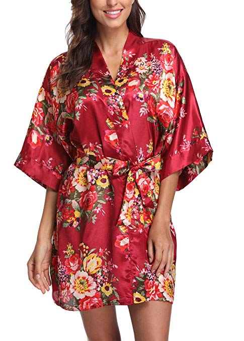 Laurel Snow Floral Satin Kimono Robes for Women Short Bridesmaid and Bride Robe for Wedding Party