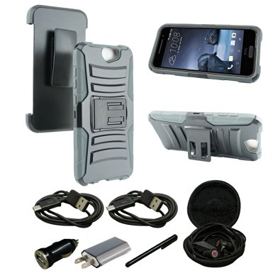 Mstechcorp - HTC Desire 816(Virgin mobile) Case Armor Series - Heavy Duty Dual Layer Holster Case Kick Stand with Locking Belt Swivel Clip - Includes [Car Charger   Data Cable]   [Wall Charger   Data Cable]   [Touch Screen Stylus]   [Hands Free Earphone With Carrying Case] (H Gray)