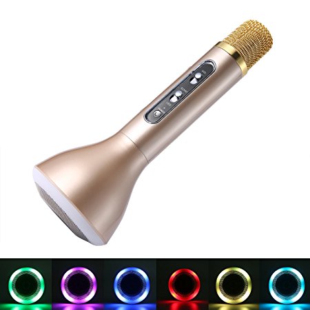 Wireless Bluetooth Microphone Karaoke, OXOQO Ultra-Portable Microphone with LED Light Singing USB Speaker for Kids iPhone iPad Car Speaking, Gold