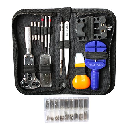 Belle Vous 294pc Watch Repair Tool Kit with Case and Spring Bars - Link Remover, Watch Battery Back Case Opener, Pin Punch, Strap Holder Block, and Screws - Complete Set