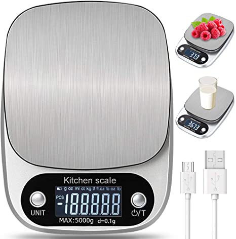 LENDOO Smart Digital Kitchen Scale with USB Charge, 5 kg/11 lbs-0.1g High Precision Electronic Scale with LCD Backlight, Multifunctional Kitchen Weight, Silver