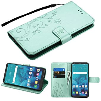 JoJoGold Case for LG Stylo 4 / Q Stylus, Bicast Leather Floral Design Embossed Flip Cover Wallet Case with Magnetic Flap and Kickstand, Comes with Wrist Strap and Film Screen Protector - Teal Green