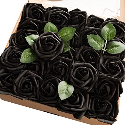 Ling's moment Artificial Flowers Black Roses 50pcs Real Looking Fake Roses w/Stem for DIY Wedding Bouquets Centerpieces Arrangements Party Home Halloween Decorations