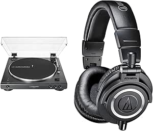 Audio-Technica AT-LP60XBT-BK Fully Automatic Bluetooth Belt-Drive Stereo Turntable, Black & ATH-M50X Professional Studio Monitor Headphones, Black, Professional Grade